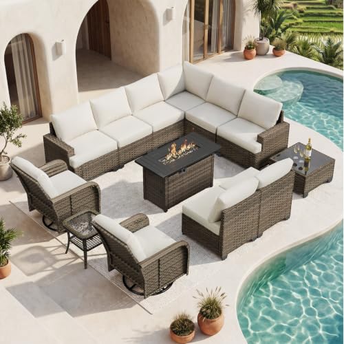 Aoxun Luxury 13 Piece Patio Furniture Set with Fire Pit Table, Beige