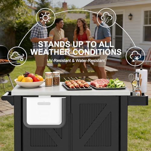 IWDOO Outdoor Kitchen Island with Storage Cabinet, Movable Grill Cart with Stainless Steel Countertop, 4 Swivel Wheels, PP Material Rolling BBQ Food Prep Table Cart for Patio, Poolside, Black
