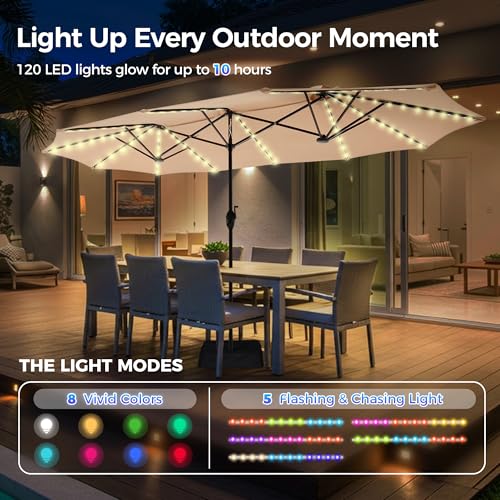 SUPERJARE 13ft Outdoor Patio Umbrella with Solar Lights, Double-sided Deck Pool Umbrella with 1.5 Inch Pole, Fade Resistant Canopy, 12 Sturdy Ribs, for Porch, Market, Backyard, Beige (No Base)