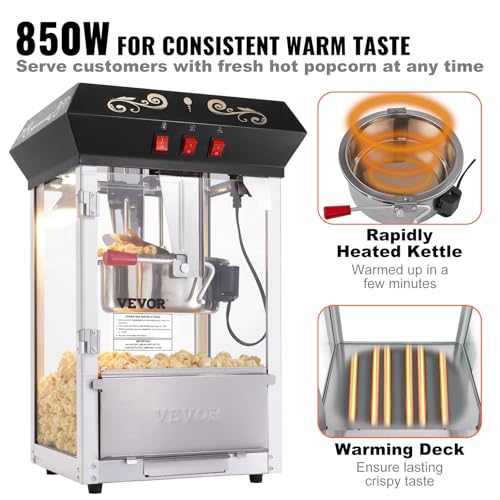 VEVOR Popcorn Maker, 850W Popcorn Popper Machine, 8 Oz Kettle Makes 48 Cups per Batch, Countertop Popcorn Maker with Tempered Glass, Includes 4 Scoops, Movie Theater Style, Black