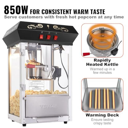 VEVOR Popcorn Maker, 850W Popcorn Popper Machine, 8 Oz Kettle Makes 48 Cups per Batch, Countertop Popcorn Maker with Tempered Glass, Includes 4 Scoops, Movie Theater Style, Black