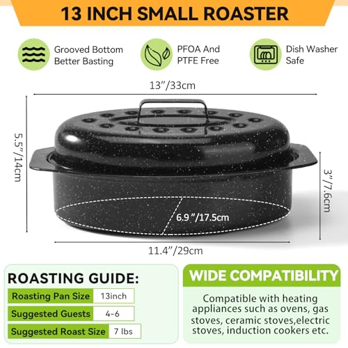 13” Roasting Pan, Turkey Roasting Pan, Small Oval Roaster Pan With Lid For 7 Lb Turkey, Chicken, Lamb, Beef, Vegetables, Casserole, Bread