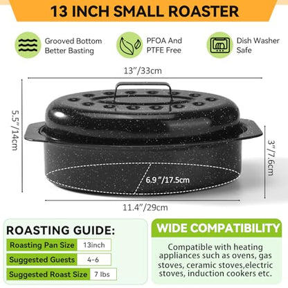13” Roasting Pan, Turkey Roasting Pan, Small Oval Roaster Pan With Lid For 7 Lb Turkey, Chicken, Lamb, Beef, Vegetables, Casserole, Bread