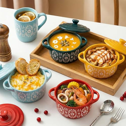 Goaste 4 Pack Porcelain Ramekins with Lids, 7 OZ Mini Casserole Dish with Handles, Round Ceramic Cocotte Bowl Set, Individual Small Baking Dish for Souffle, Creme Brulee, Lava Cake, Soup (4 Colors)