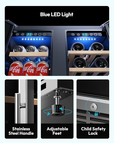 EUHOMY Wine and Beverage Refrigerator, 24 Inch Dual Zone Wine Cooler with Glass Door Hold 21 Bottles and 88 Cans, Built in or Under Counter Wine Fridge with Blue LED Light