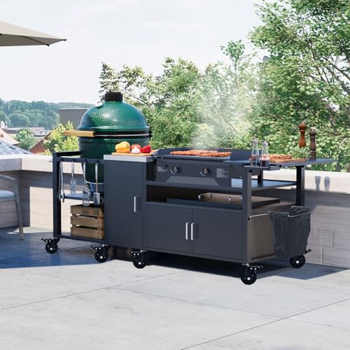 GDLF Outdoor Grill Cart for Big Green Egg& Blackstone Griddle, Metal Grill Table Compatible with Large Big Green Egg and 28"/36" Blackstone Griddle, Waterproof Cover Included