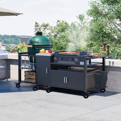 GDLF Outdoor Grill Cart for Big Green Egg& Blackstone Griddle, Metal Grill Table Compatible with Large Big Green Egg and 28"/36" Blackstone Griddle, Waterproof Cover Included