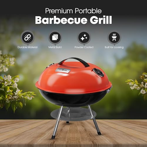 GasOne 14-inch Portable Charcoal Barbecue Grill with Thermometer – Red