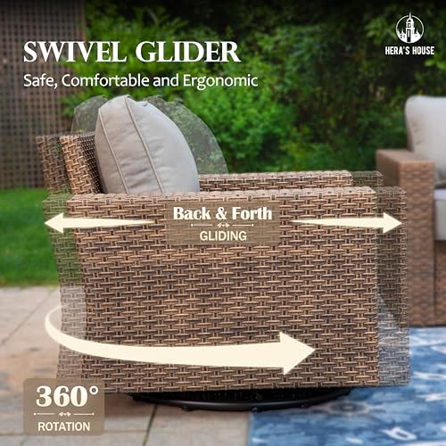 HERA'S HOUSE Swivel Glide Patio Furniture Set with 4.92" Widened Armrest Chairs, Outdoor Conversation Set, 5 Pieces Deep Seating Yellow Rattan Sofa with 5.5" Gray Cushions for Deck Garden Yard