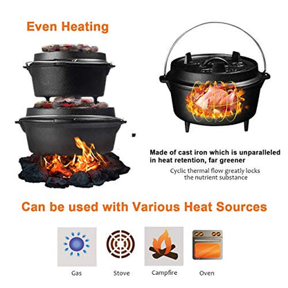 Overmont 6QT Cast Iron Dutch Oven Pre-Seasoned Camping Dutch Oven Pot with Legs, Lid Lifter & Dual Handles, Cast Iron Pot with Skillet Lid for Campfire Cooking, BBQ, Grill, Stove, Outdoor Use