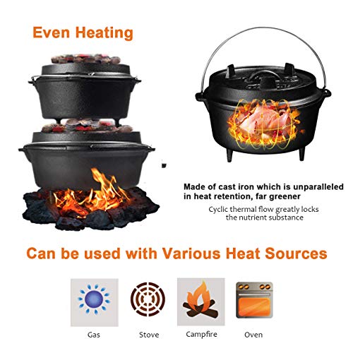 Overmont 9QT Cast Iron Dutch Oven Pre-Seasoned Camping Dutch Oven Pot with Legs, Lid Lifter & Dual Handles, Cast Iron Pot with Skillet Lid for Campfire Cooking, BBQ, Grill, Stove, Outdoor Use