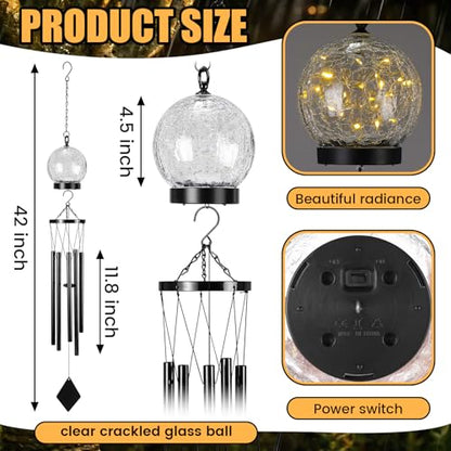 BreezeHug Solar Wind Chimes Outdoor Lights 42 Inch Large Sympathy Gift Chime 15 LED Twinkle Warm White Crackled Glass Ball Hanging Lantern Gifts for Birthday Garden Yard Patio Landscape Decor