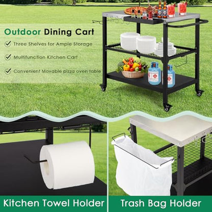 Tyfnry Outdoor Grill Cart,36 Inch Stainless Steel Pizza Oven Table with Lockable Wheels, Hooks & Adjustable Mesh, Metal Kitchen Cart Island, Black(36.2'' D x 19.6''W x 31.4''H)