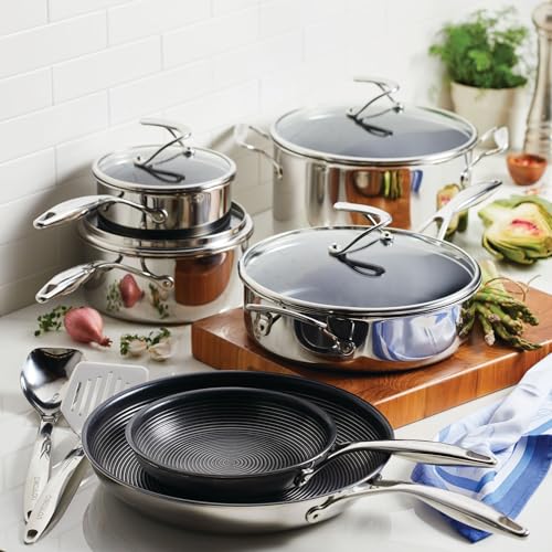 Circulon Clad Stainless Steel Cookware Pots and Pans and Utensil Set with Hybrid SteelShield and Nonstick Technology, 12 Piece - Silver