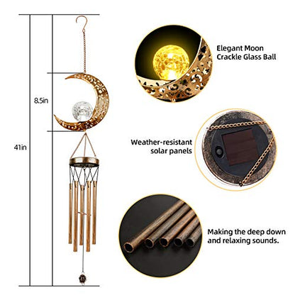 DesGully Solar Wind Chimes, Sun Wind Chime Outdoor Clearance w/Glowing Crackle Glass LED Unique Wind Bells for Outside Waterproof Chimes, Gifts for Her/Him (42" Long Metal Chimes)…