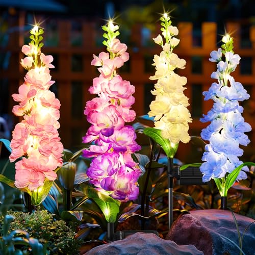 KOOPER Solar Lights Outdoor Garden Decor, 4 Pack Upgraded Delphinium Solar Garden Lights with 36 LEDs, Vivid Flowers Outdoor Waterproof for Landscape Patio Yard Decor