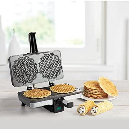 Pizzelle Maker- Non-Stick Electric Baker Press Makes Two 5-Inch Cookies at Once, Even Heating Plates- Must Have Party Baking Supplies- Italian Dessert Treat Making with Recipe Guide- Gift for Her