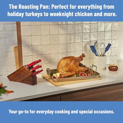 Misen Stainless Steel Roasting Pan with Handles - Versatile 5-Ply Design, Easy Grip Handles, Multi-Functional Cooking, Ideal for Baking, Searing, & Roasting, Superior Heat Conduction, Premium - 13"
