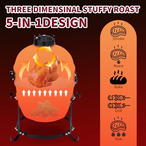 Outvita 13" Round Kamado Charcoal Grill, Portable Ceramic Barbecue Grill with Thermometer for Variations on Cooking Methods(Red)
