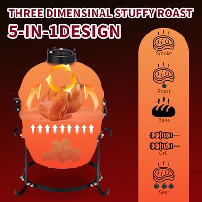 Outvita 13" Round Kamado Charcoal Grill, Portable Ceramic Barbecue Grill with Thermometer for Variations on Cooking Methods(Red)