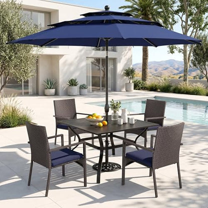 PHI VILLA 5 Piece Outdoor Dining Set with Umbrella, 37" Square Metal Dining Table & Cushioned Rattan Chairs with 10ft Blue Umbrella for Patio, Deck, Yard, Porch