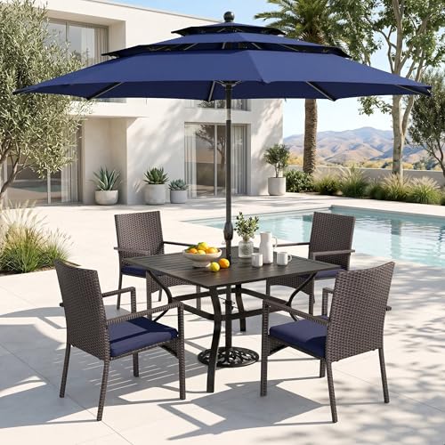 PHI VILLA 5 Piece Outdoor Dining Set with Umbrella, 37" Square Metal Dining Table & Cushioned Rattan Chairs with 10ft Blue Umbrella for Patio, Deck, Yard, Porch