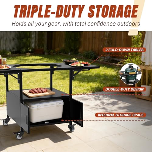 Outdoor Big Green Egg Grill Cart,Egg BBQ Grill with Dustproof Cover, 3-Duty Storage, 2 Sided Prep Table, 530Lbs&Heavy Duty Metal, Outside-in Easy assembly, Compatible with Big Green Egg,Kamado Joe