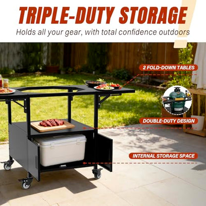 Outdoor Big Green Egg Grill Cart,Egg BBQ Grill with Dustproof Cover, 3-Duty Storage, 2 Sided Prep Table, 530Lbs&Heavy Duty Metal, Outside-in Easy assembly, Compatible with Big Green Egg,Kamado Joe