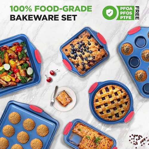 NutriChef 6-Piece Bakeware Set - Nonstick Carbon Steel Baking Pans with Red Silicone Handles, Blue Coating, Durable & Stain-Resistant, Perfect for Baking Cakes, Muffins, Cookies (Blue)