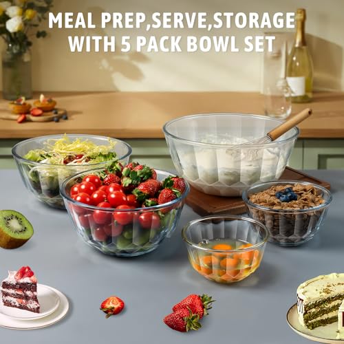 Freshmage Mixing Bowls with Airtight Lids Sets, 5 Packs Thick Glass Nesting Bowls for Kitchen Baking, Meal Prepping, Bpa Free, Dishwasher Safe, 0.5/0.8/1.6/2.7/4.4 Qt