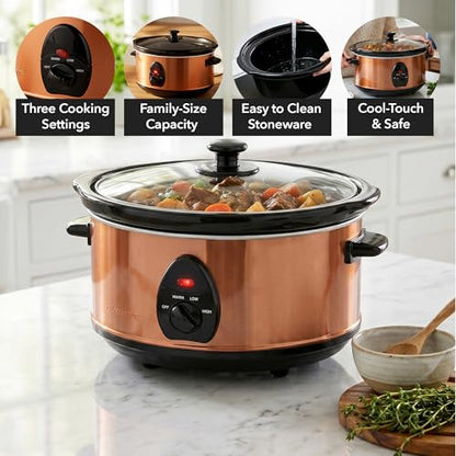 OVENTE Electric Slow Cooker with 3 Cooking Settings, Non-Stick and Dishwasher Safe Stoneware, Stainless Steel Body, Glass Lid, 3.7 Qt Oval Pot for Entrees, Soups, Sauces, Stews & Dips, Copper SLO35ACO