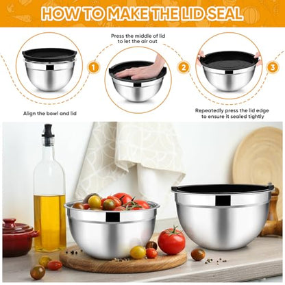 TeamFar Mixing Bowl Set of 5, 4.5/3/1.5/1/0.7 QT, Stainless Steel Metal Nesting Salad Bowl with Lid Set, Ideal for Mixing Serving, Non-Toxic & Sturdy, Airtight Lid & Easy Clean, Black