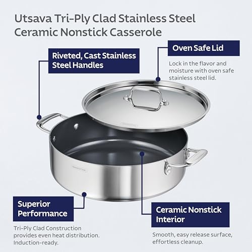 Tramontina Utsava Tri-Ply Clad Stainless Steel 6.5-Quart Casserole with Lid and Ceramic Non Stick Interior, Induction-Ready Large Braiser Pan