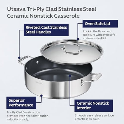 Tramontina Utsava Tri-Ply Clad Stainless Steel 6.5-Quart Casserole with Lid and Ceramic Non Stick Interior, Induction-Ready Large Braiser Pan
