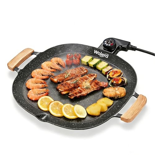Wolera Smokeless Indoor Electric BBQ Grill with Wooden Handles – Adjustable Temp Nonstick Griddle, Perfect for Steak, Pancakes & Low-Fat Meals, Easy to Clean & Dishwasher Safe