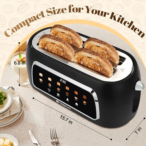 Tesslux 4 Slice Toaster with Touch Screen Control, 1.5" Wide Long Slots, 6 Browning Levels & 6 Bread Types, Digital Timer, Memory, Defrost, Reheat (Black, 4 Slice)