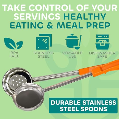 Portion Control Serving Spoons - (8 Piece Set) Restaurant Measuring Serving Ladle Utensils for Weight Loss, Bariatric Gastric Sleeve, Includes 2, 4, 6, 8 oz Solid & Perforated Scoops, 14-1/4" Long