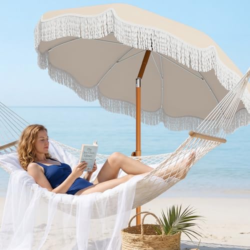 AreShark 7ft Patio Umbrella with Fringe, UPF50+ Beach Umbrella for Table, Pool & Garden, Portable Outdoor Tassels Umbrella w/Fiberglass Ribs&Push Bottom Tilt(Ivory)