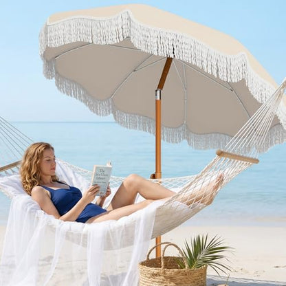 AreShark 7ft Patio Umbrella with Fringe, UPF50+ Beach Umbrella for Table, Pool & Garden, Portable Outdoor Tassels Umbrella w/Fiberglass Ribs&Push Bottom Tilt(Ivory)