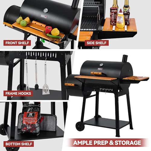 Grills House Barrel Charcoal Grill with Offset Smoker, 824 Sq. In. Cooking Area, Wooden Front Shelf, Bottom Shelf, Blow-Molded Wheels, Outdoor Charcoal Grill for Backyard Cooking, Black,CC1831W