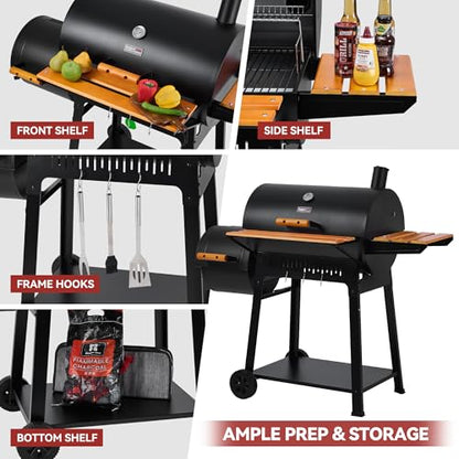 Grills House Barrel Charcoal Grill with Offset Smoker, 824 Sq. In. Cooking Area, Wooden Front Shelf, Bottom Shelf, Blow-Molded Wheels, Outdoor Charcoal Grill for Backyard Cooking, Black,CC1831W