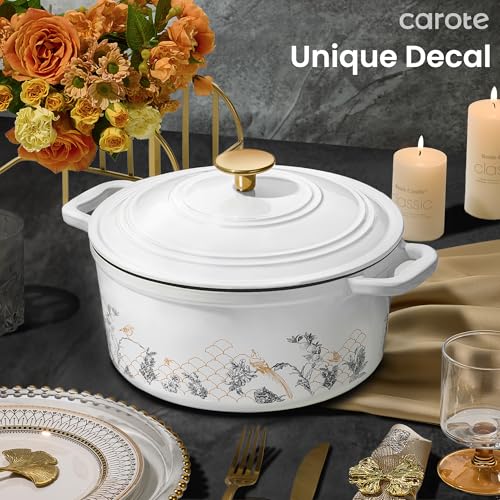 CAROTE Cast Iron Dutch Oven Pot with Lid, 5QT Enameled Floral Dutch Ovens with Gift Box, Cast Iron Pot for Sourdough Bread Baking, Braising, Stews, Roasting, All Stovetop Compatible, Oven Safe, White