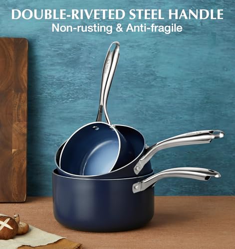 KOCH SYSTEME CS Nonstick Sauce Pan with Lid, 1 Quart Saucepan with Lid, 1 QT Nonstick Ceramic Small Sauce Pan with Stainless Steel Handle, Non-Toxic Ceramic Saucepan, Oven Safe, Gradient Blue