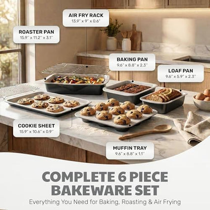 Gotham Steel 6 Pc Stackable Baking Pans Set, 70% Space Saving Design, Ceramic Bakeware Sets Non Toxic Made Without PFOA PFOS, with Cookie Sheet Tray, Cake & Muffin Pans, Oven & Dishwasher Safe