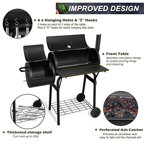 Joyfair Charcoal Grill with Offset Smoker, Camping Barbecue Grill with Side Fire Box for Outdoor BBQ Smoking/Backyard Party Grilling, Thick Iron Steel & Dual Chamber Design, Thermometer & Chimney