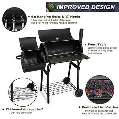 Joyfair Charcoal Grill with Offset Smoker, Camping Barbecue Grill with Side Fire Box for Outdoor BBQ Smoking/Backyard Party Grilling, Thick Iron Steel & Dual Chamber Design, Thermometer & Chimney