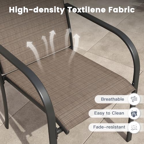 VICLLAX 9 Pieces Patio Outdoor Dining Set, 70" Outdoor Rectangular Metal Dining Table with Umbrella Hole and 8 Stackable Textilene Chairs for Lawn, Garden, Porch, Black/Brown