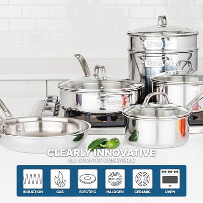 Viking 3-Ply Stainless Steel 11-Piece Cookware Set with Vented Glass Lids, Fry Pans, Saucepans, Saute Pan, Stock Pot with Strainer Insert, Oven Safe up to 600F