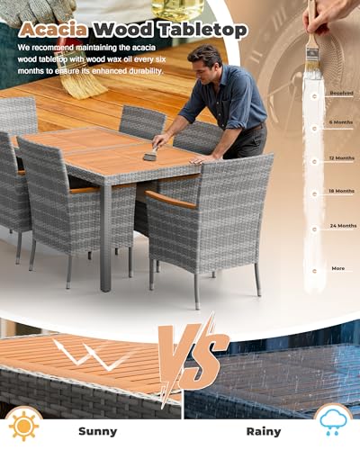 Flamaker 7 Piece Patio Dining Set Outdoor Acacia Wood Table and Chairs with Soft Cushions Wicker Patio Furniture for Deck, Backyard, Garden (Grey)