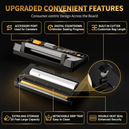 Next-Gen Vacuum Sealer Machine, Food Vacuum Sealer with Powerful Suction Pump, Dual-System for Valve&Textured Bags, Canisters & Marinate, Dual-Heat Seal for Dry&Moist Food, Built-in Cutter&Bag Storage